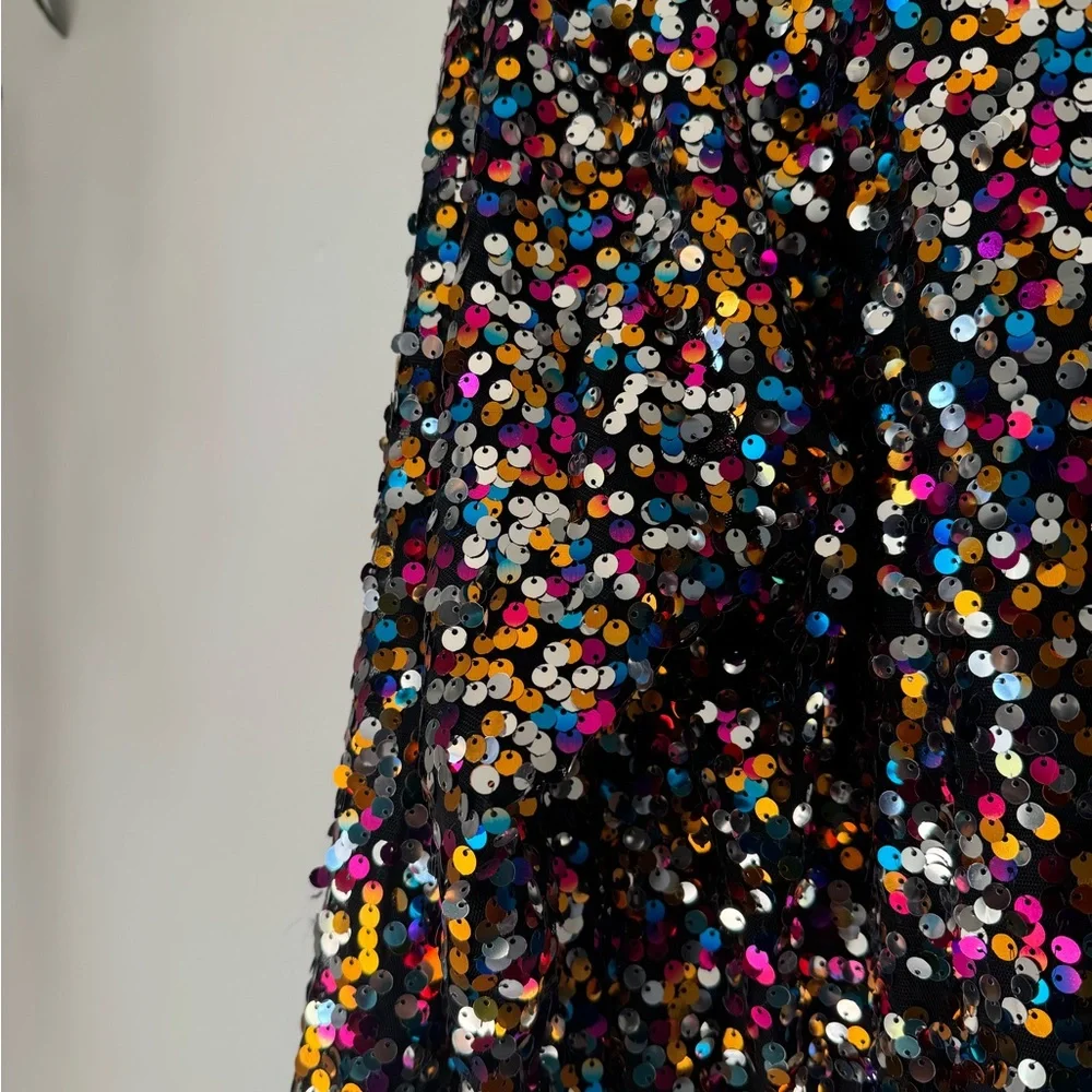 Allegra K Black Bomber Jacket Multicolor Sequins Front Zipper Closure Size XS